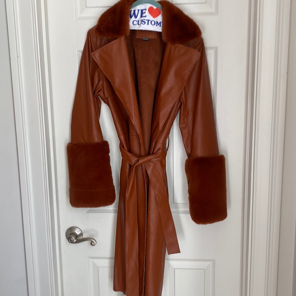 Brown faux leather Blanket NYC trench coat with brown faux fur trim. Size small.
